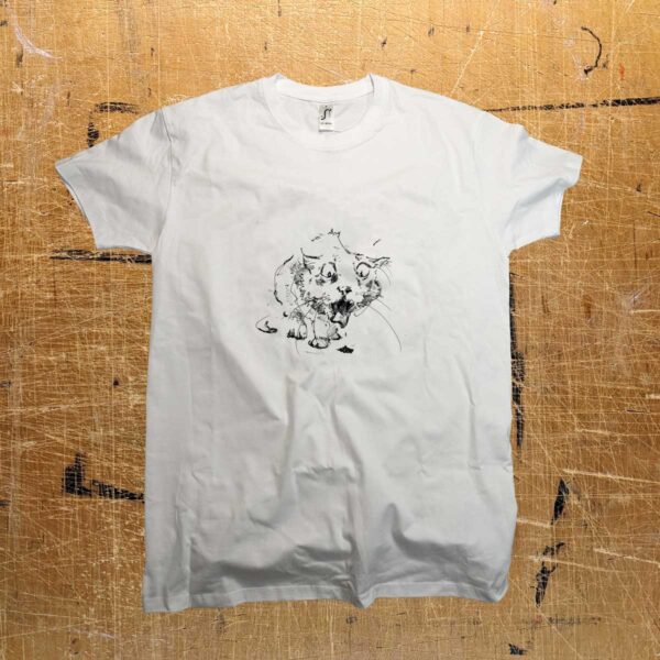 T-shirt with a sketchy drawing of a puking cat by artist Žilvinas Bražukas Production – Marškinėliai su vemiančio kačiuko iliustracija