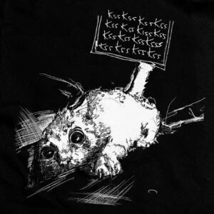 Cat kitten drawing on a black T-shirt illustrated by artist Žilvinas Bražukas Production – Katės katino piešinys ant juodų marškinėlių