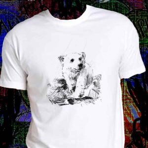 Pieštuku pieštas baltas meškiukas antspausdintas ant baltų marškinėlių – White T-shirt with pencil-drawn polar bear design