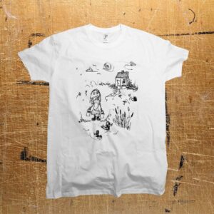 A girl walking to get some water around ducks drawing illustrated by an artist Žilvinas Bražukas_klasikinis piešinys mergaitės, einančios pasisemti vandens tvenkinyje su antimis