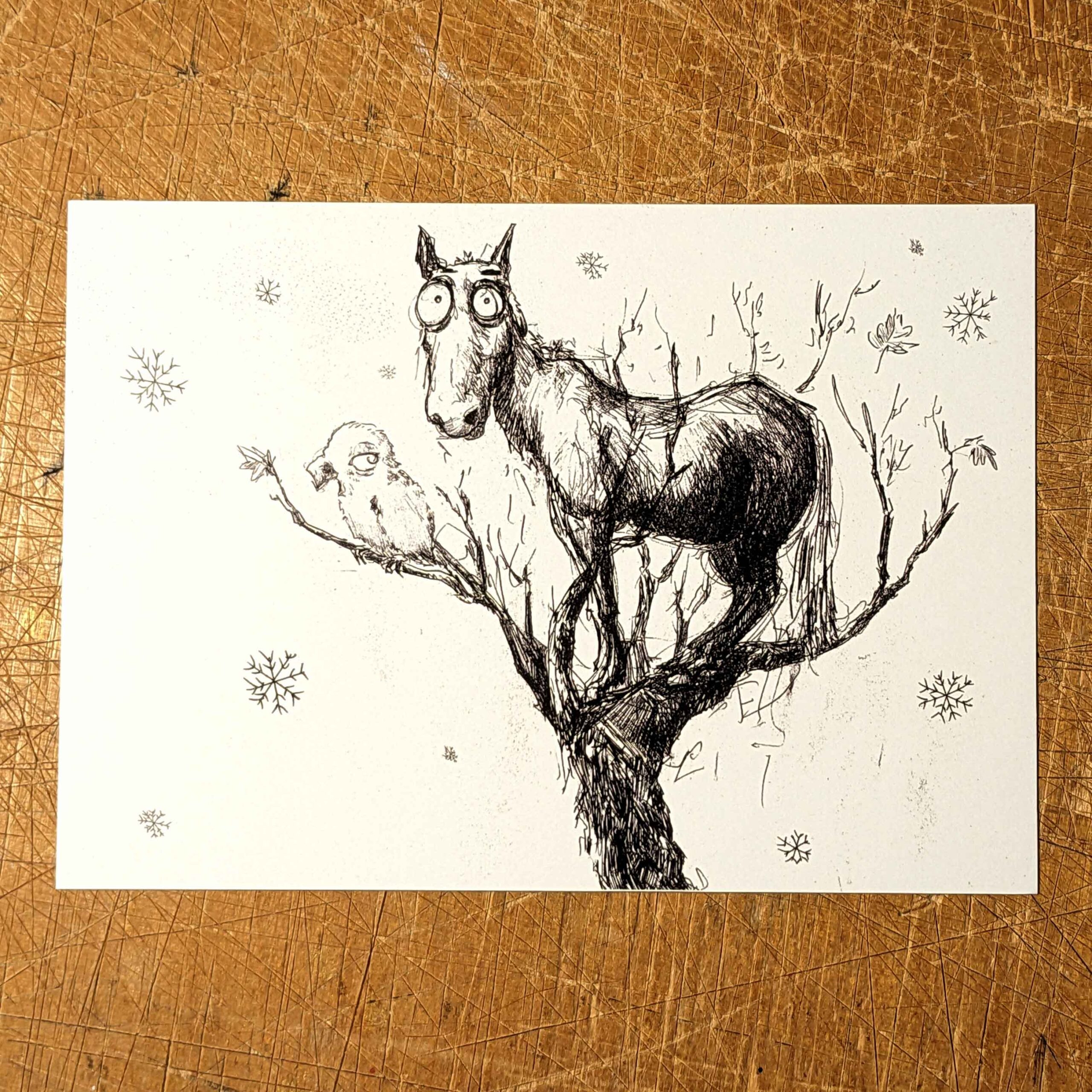 Horse in a Tree Snowing - Postcard